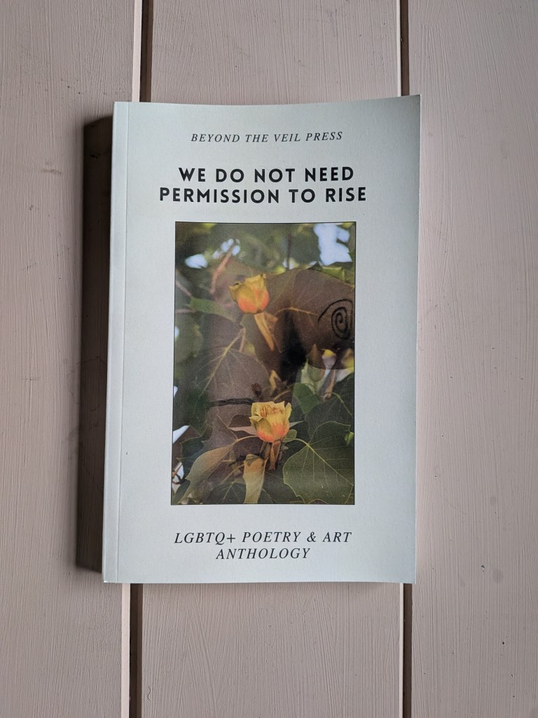 Image of a book against a pink wooden background.
Black text on cream background: BEYOND THE VEIL PRESS
WE DO NOT NEED PERMISSION TO RISE
LGBTQ+ POETRY & ART ANTHOLOGY
Layered images: a queer, tattooed white body with orange roses 